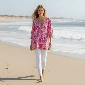Gretchen Scott Designs Dragon Print Cotton Tunic Pink White Resort Preppy Large